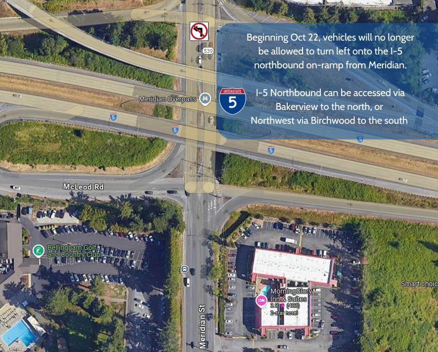 Map showing intersection of I-5 and Meridian Street restricting left turns onto I-5