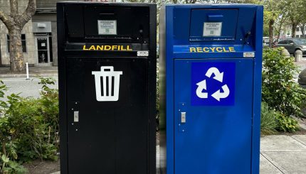 Covered black garbage bin and blue recycling bin on a city sidewalk