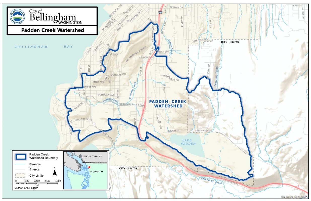 A map outlining the Padden Creek watershed in South Bellingham, encompassing as far north as the Sehome Hill Arboretum and as far south as Lake Padden