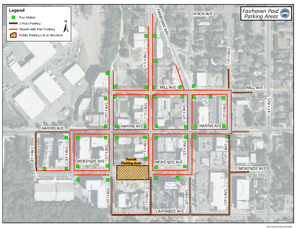 Map of Fairhaven with red lines along the blocks between approximately 8th Street, Mckenzie Ave, Finnegan Way, and 13th Street. One permit parking area on McKenzie Ave. 