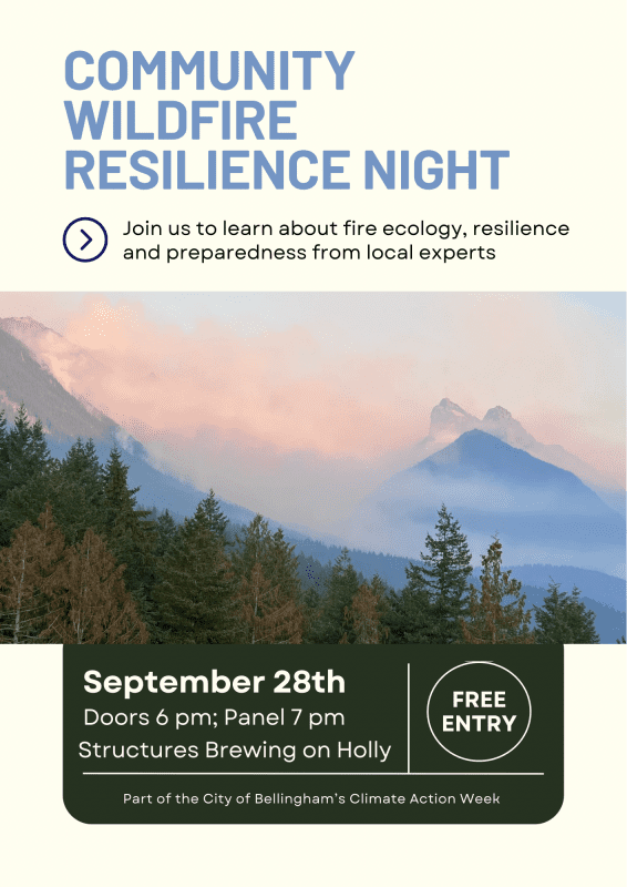 Poster with a background of wildfire smoke in a forested, mountainous area. Text says "Prepare for wildfire. Community wildfire resilience night. Thursday, September 28, 7pm. Structures Brewing (Holly location). Joins us for a panel of local wildfire experts, representatives from local fire agencies/organizations, and info to help you feel prepared for future fire seasons!"