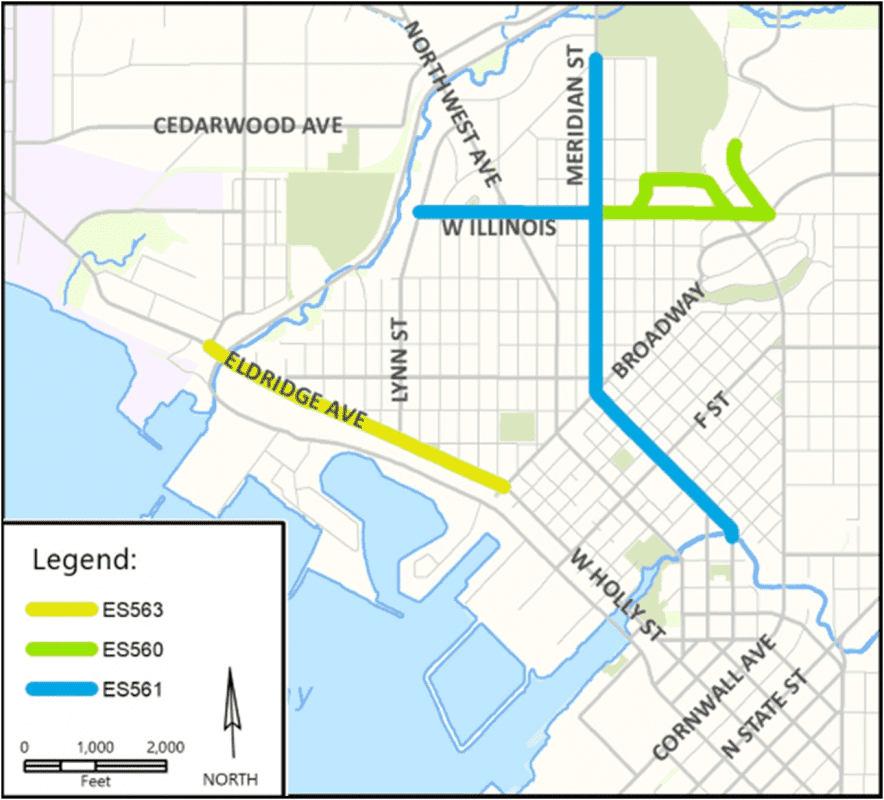 Map showing location of three projects on Elridge, West Illinois, and Meridian Street.