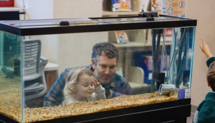 adult and young child look into fish tank with gravel on the bottom