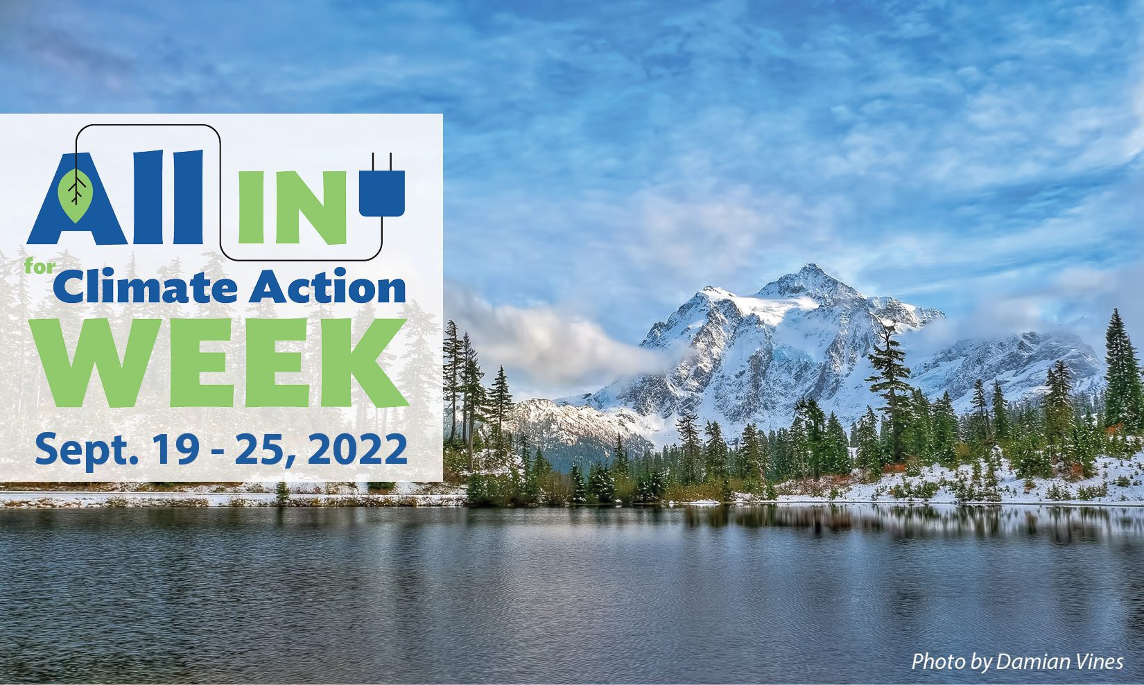 Image of Mt. Shuksan from Picture Lake with Climate Action Week logo
