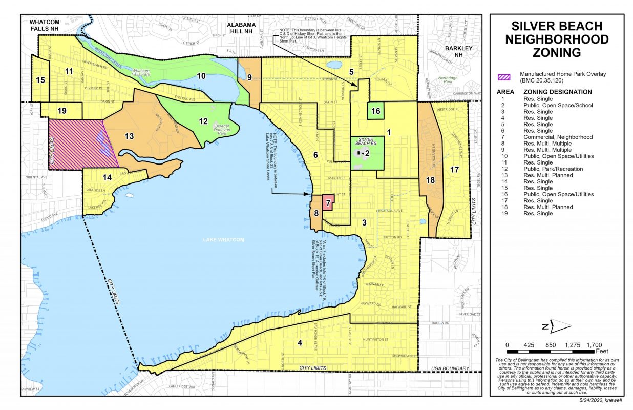 This map of the Silver Beach Neighborhood shows zone designations for each area.