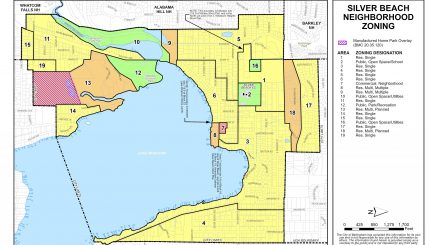 This map of the Silver Beach Neighborhood shows zone designations for each area.