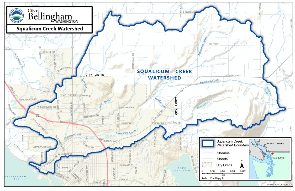 Map outlining the Squalicum Creek watershed 