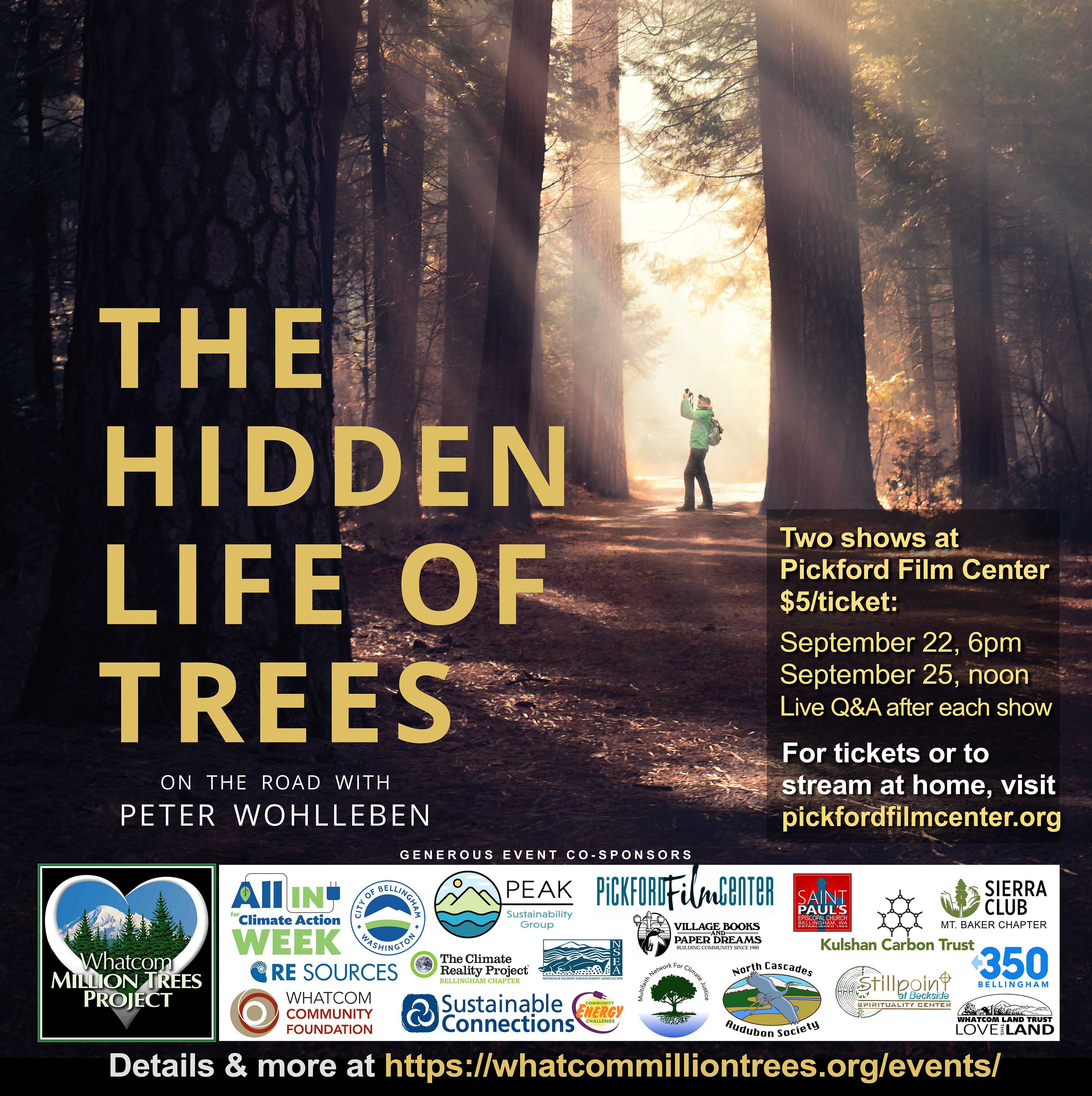 Film showing event poster for the Hidden Life of Trees showing a man standing in the forest with text overlay with information about the event.