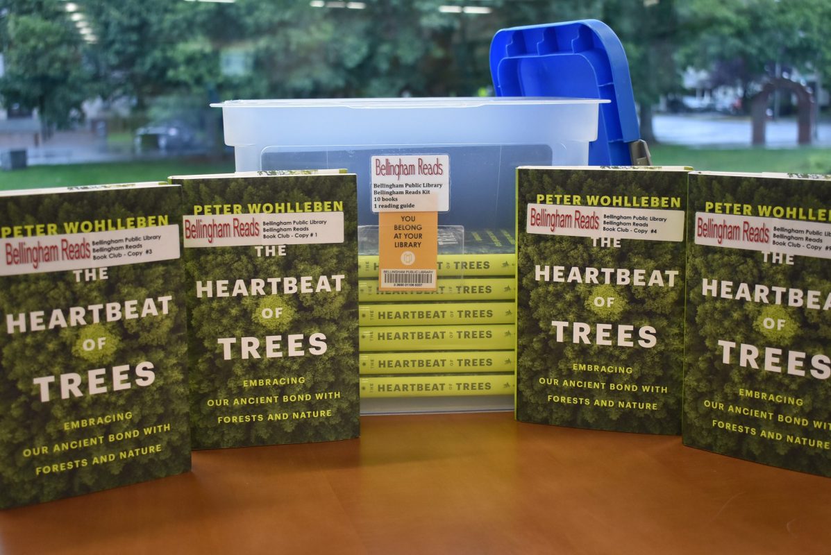 Book club kit showing four copies of the book Heartbeat of Trees on a table 