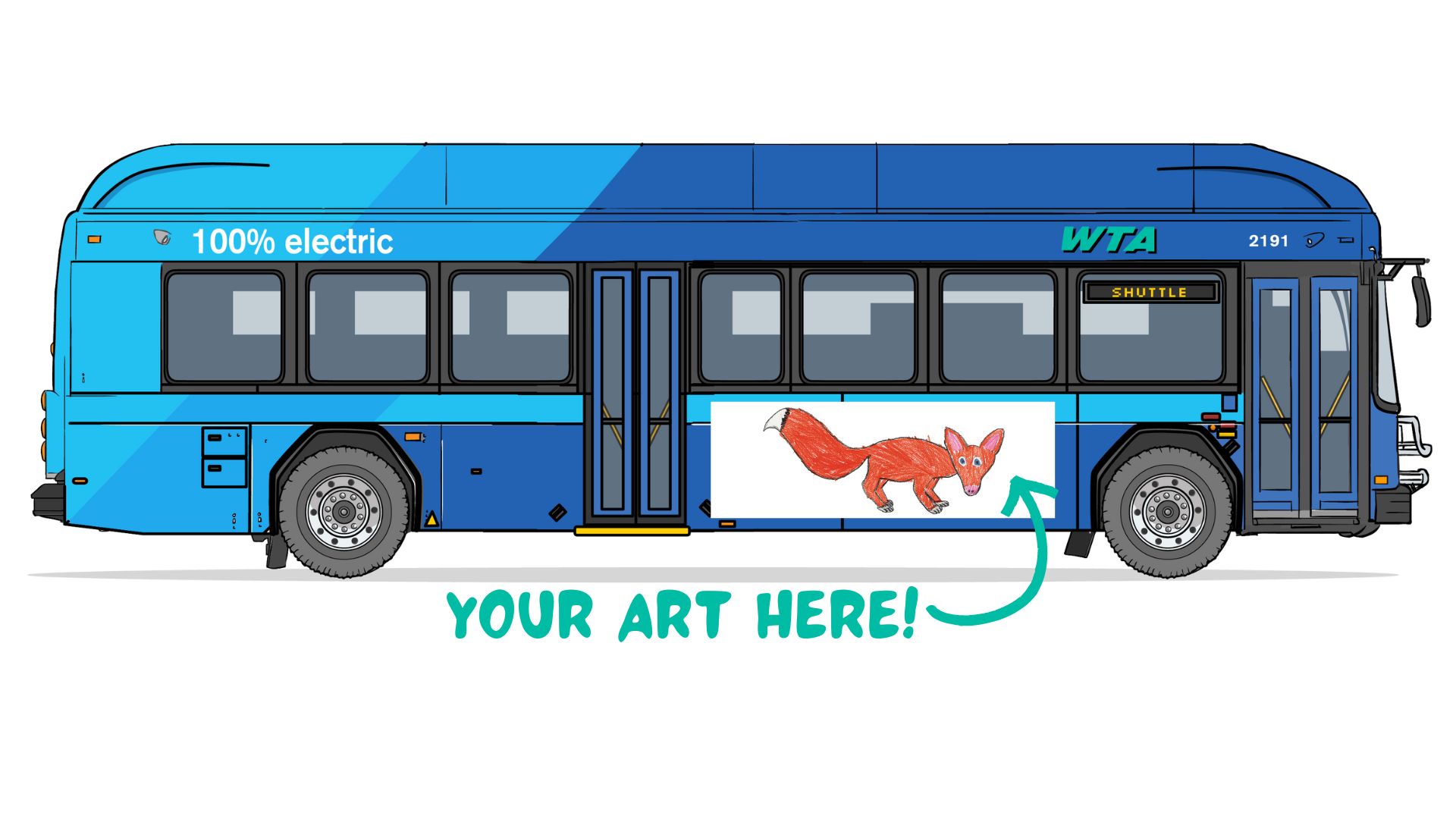 Bus graphic with arrow pointing to where kids artwork will be placed on side of bus.