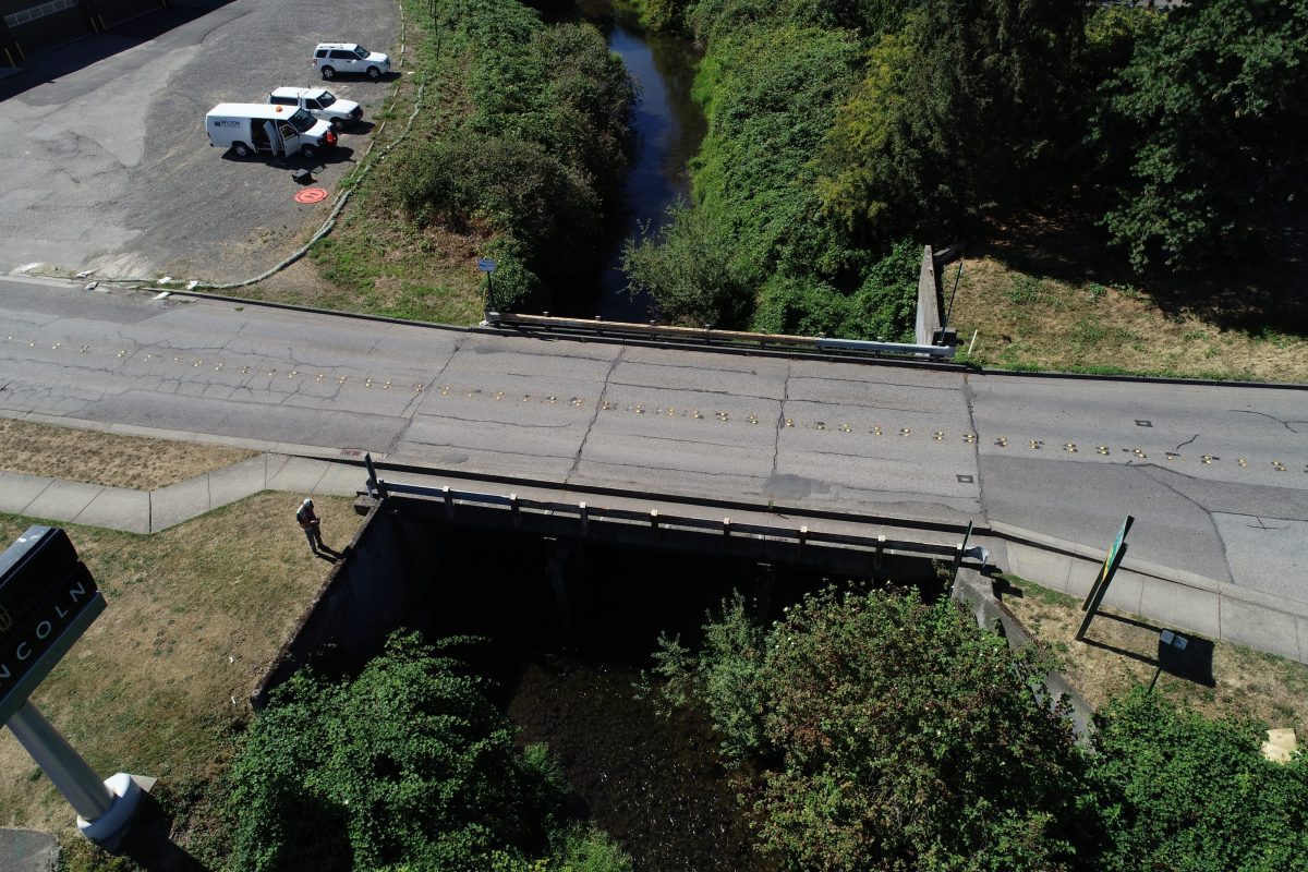Aerial view of bridge going over Whatcom Creek