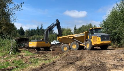 Excavator and dump truck removing debris from natural area