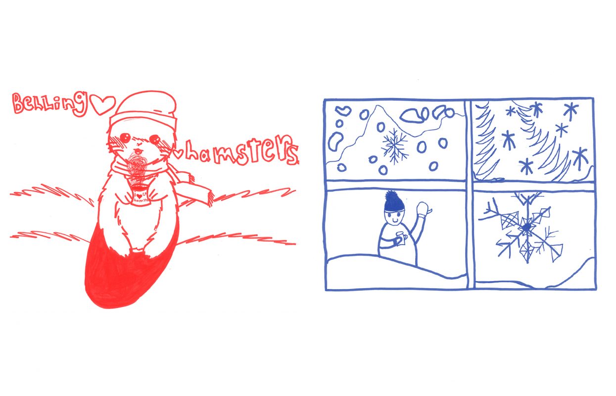 Two line drawings by children, one red that says Bellinghamster with an animal that looks like a hamster in a red stocking with a red hat, the other looking out a window at a snowy scene with a snowman and snowflakes