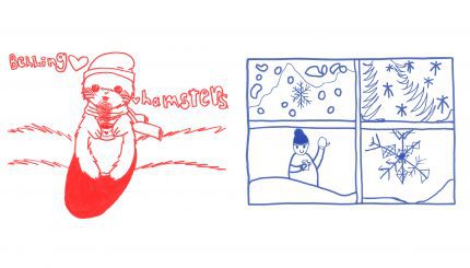 Two line drawings by children, one red that says Bellinghamster with an animal that looks like a hamster in a red stocking with a red hat, the other looking out a window at a snowy scene with a snowman and snowflakes