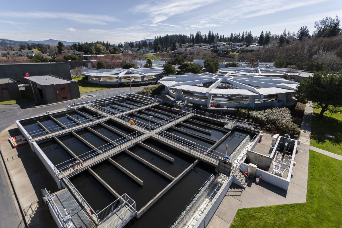 Aerial view of wastewater treatment plant.