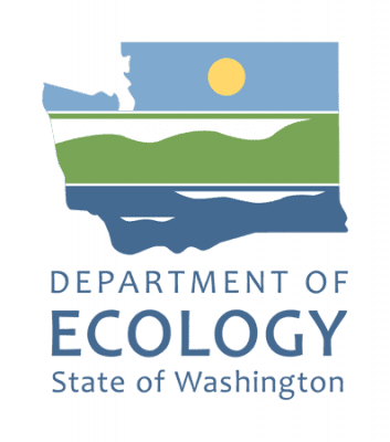 Department of Ecology logo. An outline of Washington state with a yellow sun, blue sky, green mountain range, and dark blue water.