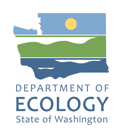 Department of Ecology logo. An outline of Washington state with a yellow sun, blue sky, green mountain range, and dark blue water.