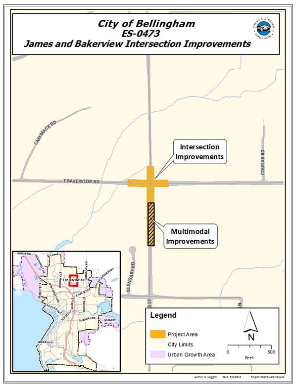 Map showing where James St and E Bakerview Rd intersect. Intersection is highlighted and has a label next to it that says intersection and multimodal improvements. The project is within city limits. 