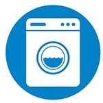 Blue and white icon of a clothes washer