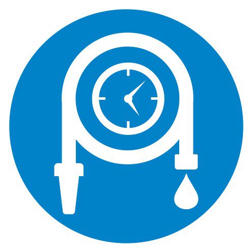 Blue and white icon of a hose with a water timer on it