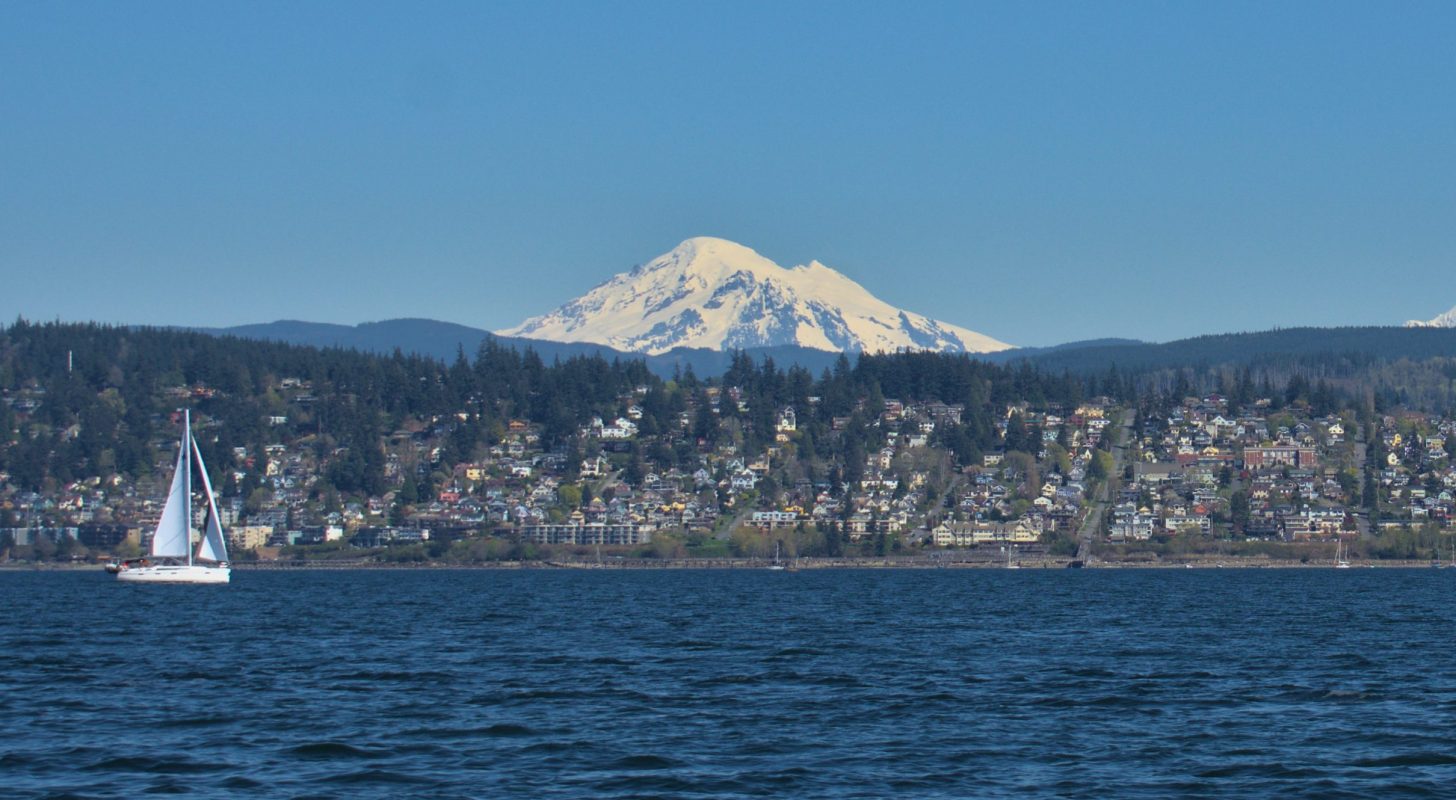 View of Bellingham and Cascade range from Bellingham Bay