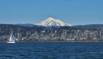 View of Bellingham and Cascade range from Bellingham Bay