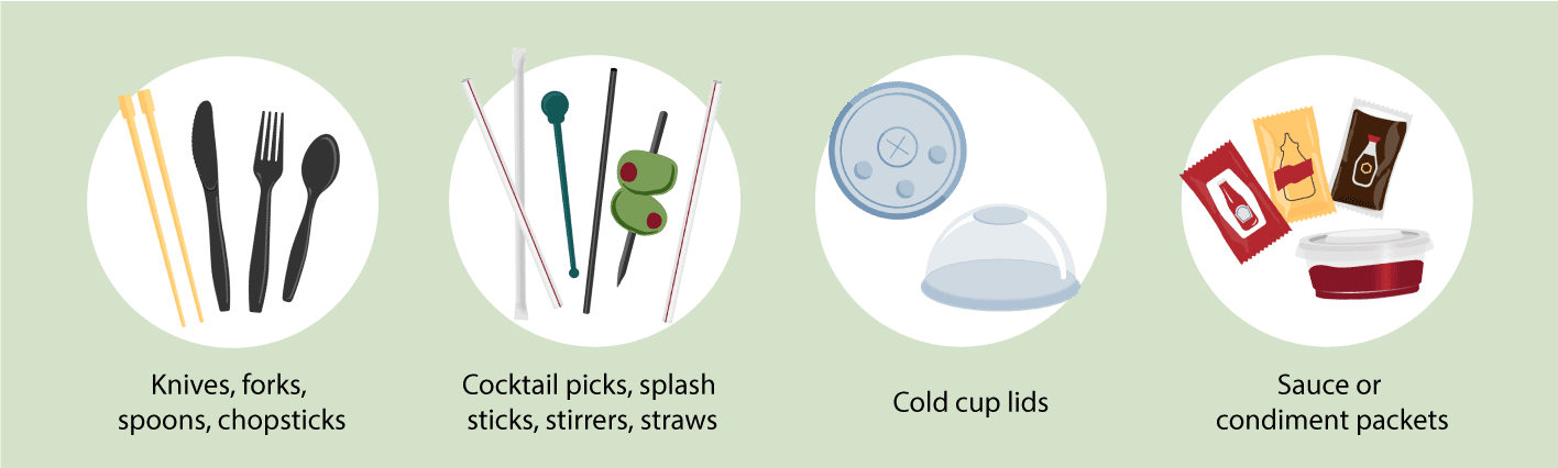 Image showing items that are included in single-use plastic ban, including knives, forks, spoons, chopsticks, cocktail picks, splash sticks, stirrers, straws, cold cup lids, and sauce or condiment packets.