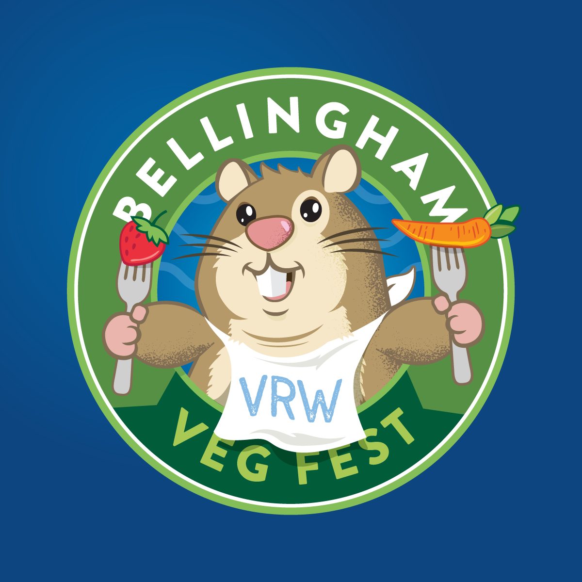 Hamster with a bib on that is holding two forks eating veggies. Says Bellingham Veg Fest in a circle around hamster.