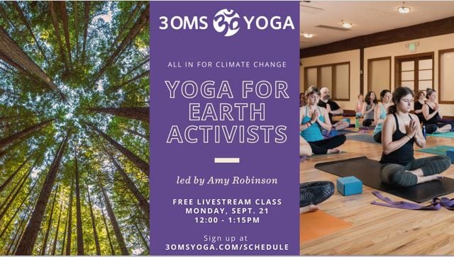 Poster for Yoga for Earth Activists event showing a forest scene and people doing yoga in a studio